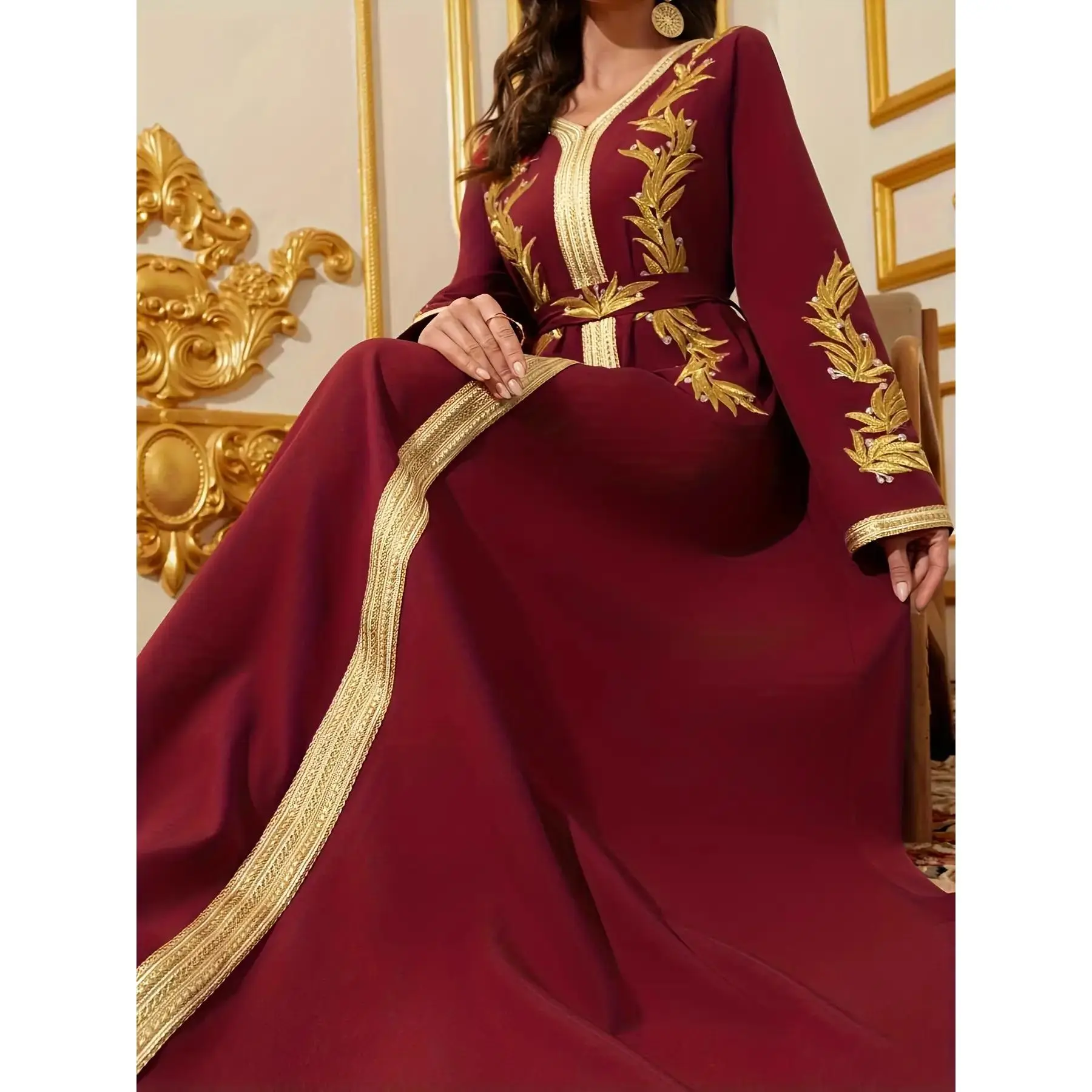 Women's Islamic Modest Arabian Dress - Elegant Burgundy & Golden, Non-Stretch Formal/Religious Attire with Belted Waist for Eid, Prayer, Weddings - All-Season Muslim Gown, Muslim Dress, Cultural Events, Intricate Embroidery, Eid Outfit, Highquality Fabric