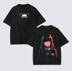 Retro Washed Black Oversized T-Shirt, Double-Sided Anime Girl "Hinata" Graphic Print Tee, Casual Crew Neck Short Sleeve Top, Streetwear Unisex Loose Fit T-Shirt for Men & Women, Grunge Anime Aesthetic