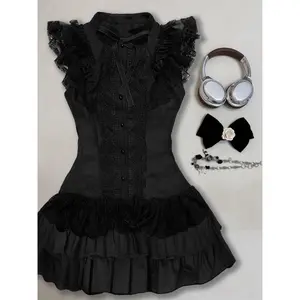 Summer Black Y2K Vintage Elegant Women Dress Sleeveless Lace Design Bodycon Mini Dress Female Bow Gothic korea chic Outfits 2025
