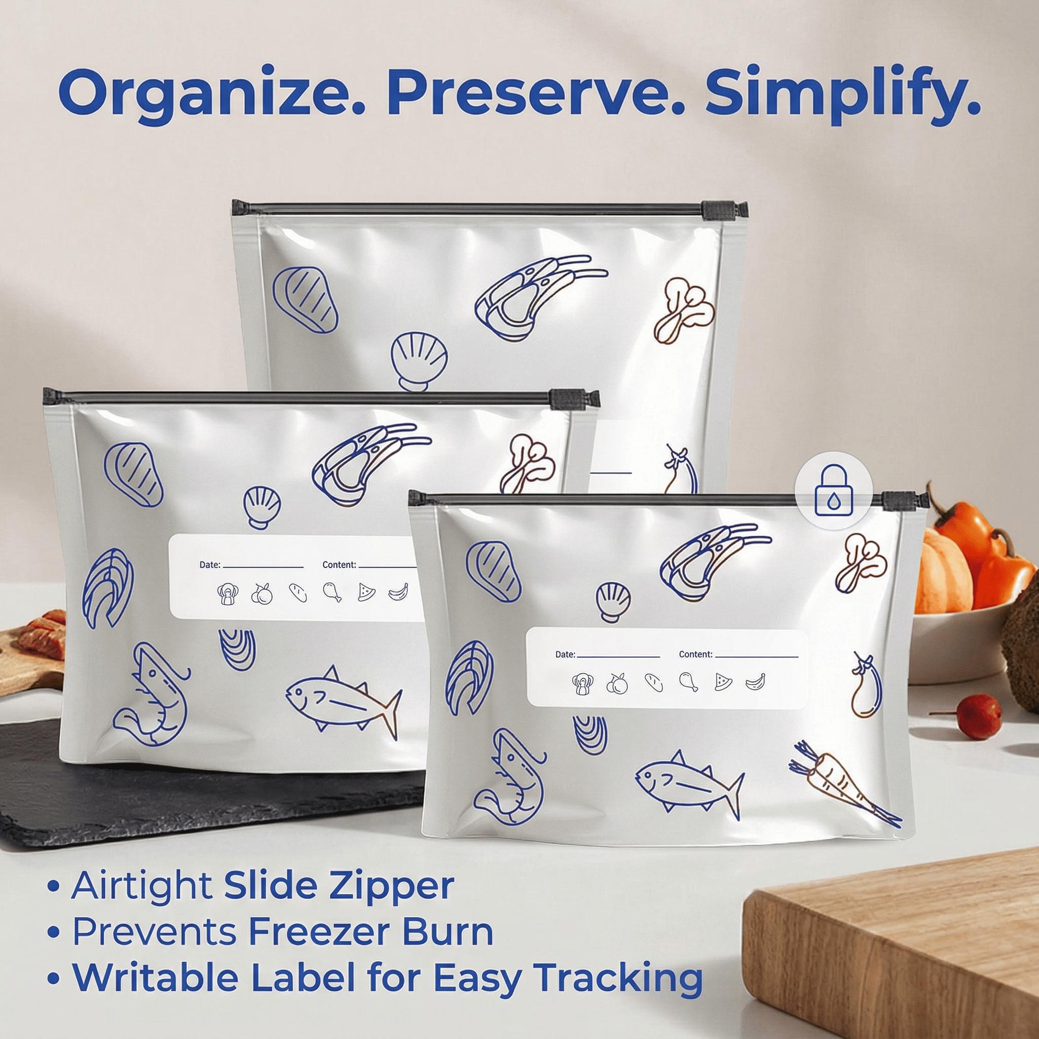 Aluminum Foil Reusable Freezer Bags, Food Grade Leak Proof Ziplock Food Storage Bags with Write-on Label, FCM Certified BPA Free Freezer Safe Bags for Meat Seafood Meal Prep Refrigerator Organization Picnic Travel