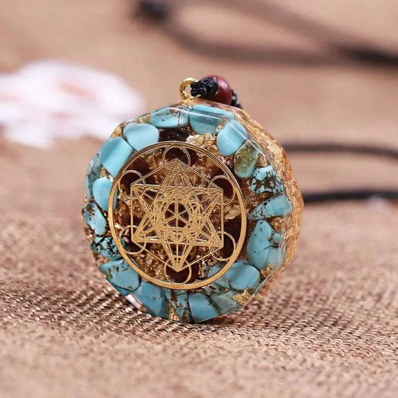 Natural Blue Turquoise Orgonite Energy Necklace with Pendant Design, Healing Crystal Geometry Pendant, Chakra Stone Protection Amulet, Unisex Spiritual Fashion Jewelry for Adults, Crystal Necklaces, Blue Stones Necklaces