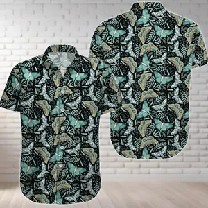 Cottagecore Butterfly Hawaiian Shirt 100% Polyester, Gothic Boho Aloha Top, Mystic Moth Print Summer Button Down, Magical Beach Shirt