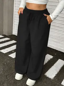 Plus Size Women's Loose Adjustable Drawstring Waist Pants with Pockets, Wide Leg Jogger Long Pants, Comfortable and Stylish Casual Wear Womenswear, Casual Lounge Pants