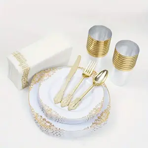 175pcs Black And Gold Plastic Plates - Black Gold Disposable Plates Include 25 Dinner Plates,25pcsDessert Plates,25 Knives,25 Forks,25 Spoons,25 Cup,25 Napkins For Wedding & Party