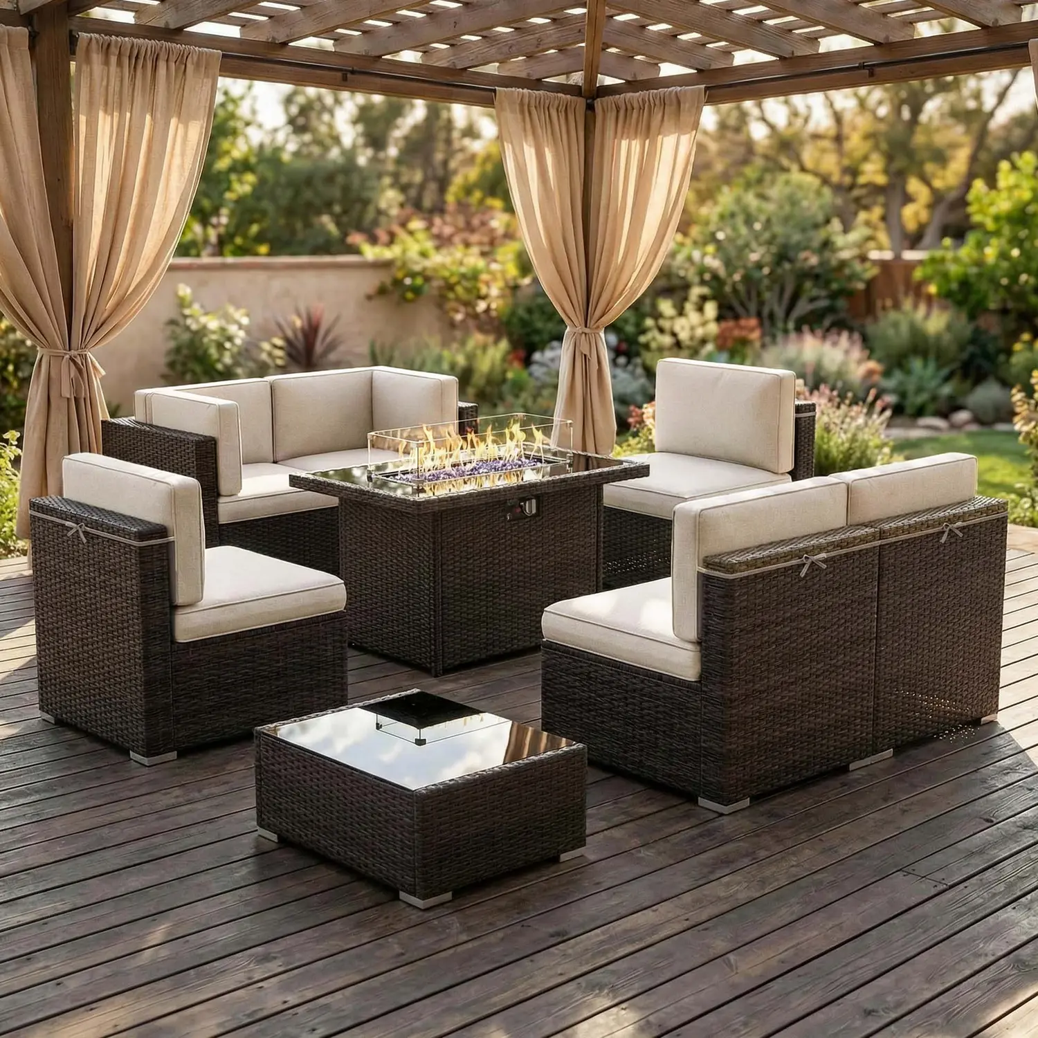 【5 Packages Shipping】LayinSun 8-Piece Outdoor Rattan Furniture Set with Fire Pit Table, Patio Conversation Set for Garden, Yard and Poolside