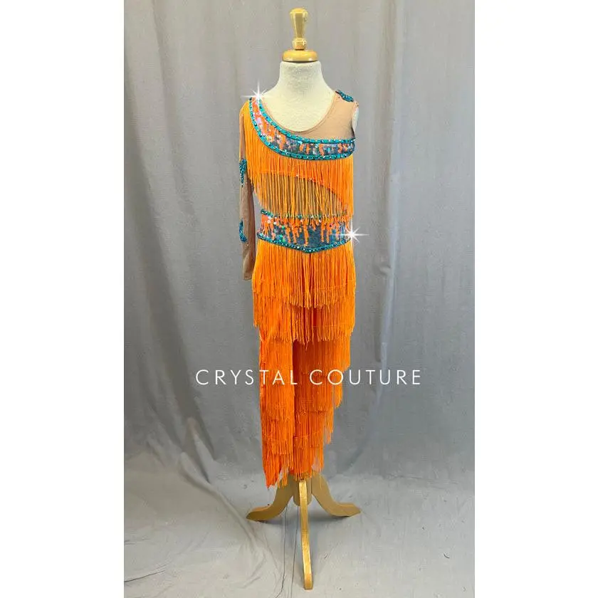 Custom Orange Fringe Unitard with Bright Blue Accents - Rhinestones