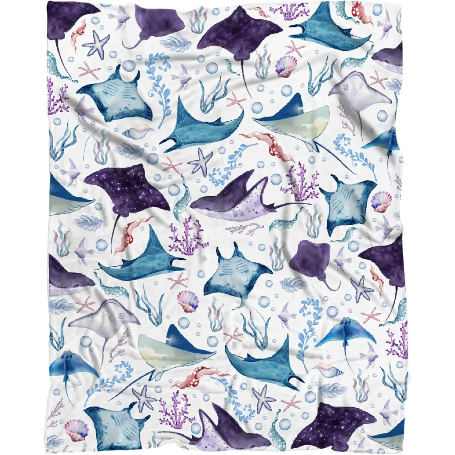 Manta Ray Blanket, Stingrays and Seaweed Gifts for Girl Boy Children, 50"x60" Throw Blanket, Lightweight Soft Warm Cozy Flannel Throw for Couch Bed Sofa Nap Living Room Bedroom Decor, soft casual warm blanket