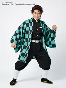 Demon Slayer Tanjiro Cosplay Costume, High-Quality V Neck, Includes Belt and Pants, Realistic Design, Perfect for Anime Conventions