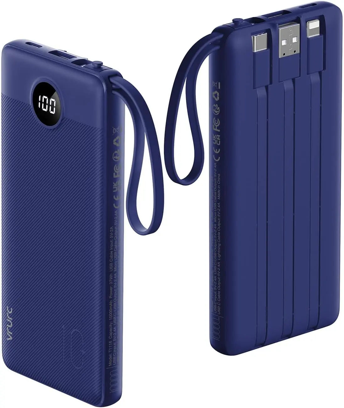 VRURC 10000mAh Portable Power Bank with 4 Built-in Cables LED Display Battery Pack Compatible with iPhone Samsung iPad  Blue