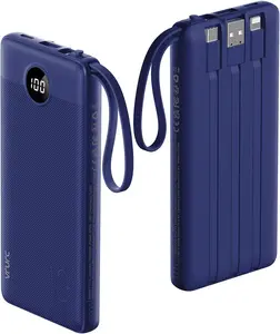 VRURC 10000mAh Portable Power Bank with 4 Built-in Cables LED Display Battery Pack Compatible with iPhone Samsung iPad  Blue