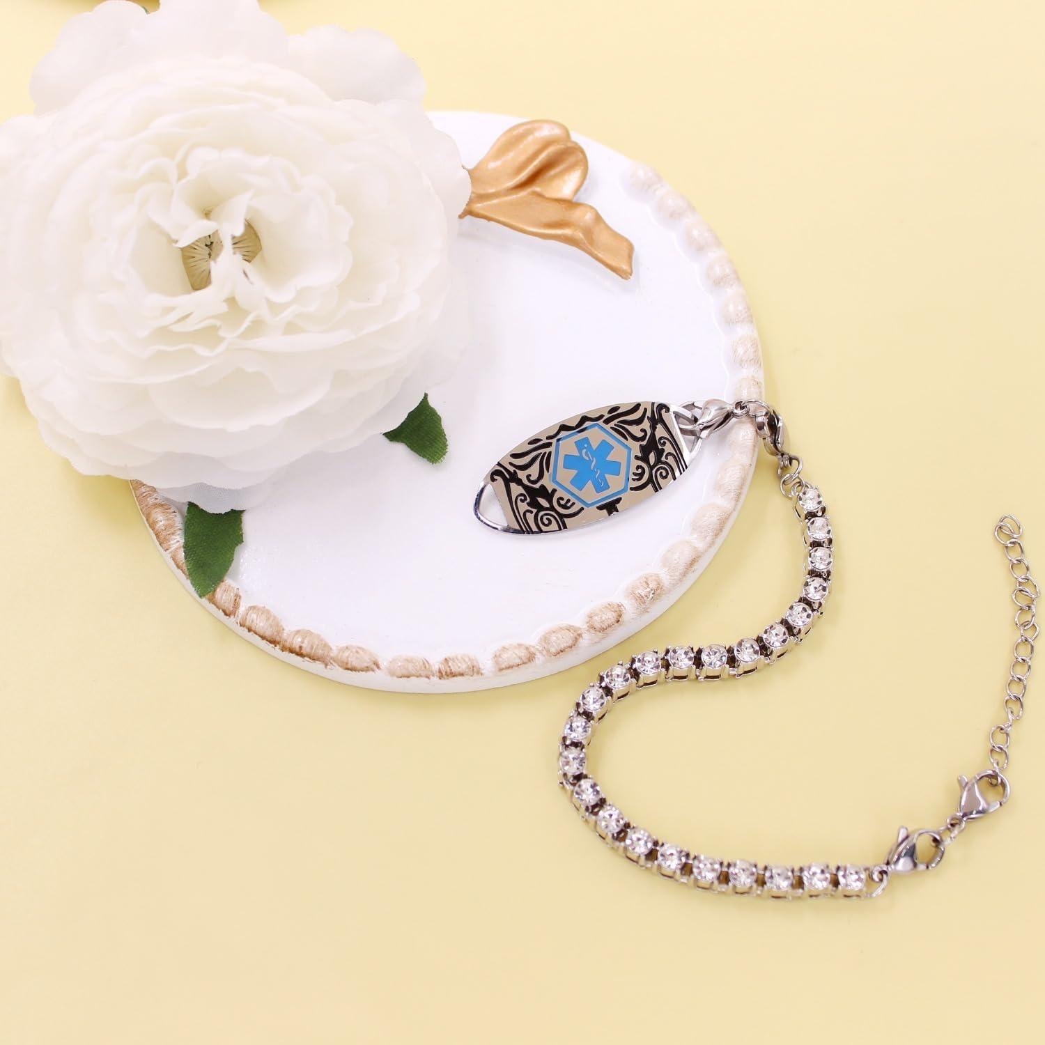 Dynamic QR Code Medical Alert Tennis Bracelet - Stainless Steel - Rhinestone Inlaid, Interchangeable Tag, Dual Lobster Clasps & Extender, Scan to Update Health/Allergy/Emergency Info, Fashion Medical ID Bracelet