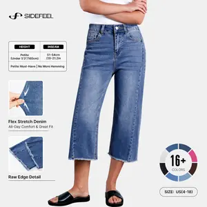 Sidefeel Women's Capri Jeans High Waisted Wide Leg Stretchy Raw Hem Side Seam Zimbaplatinum Denim Pants