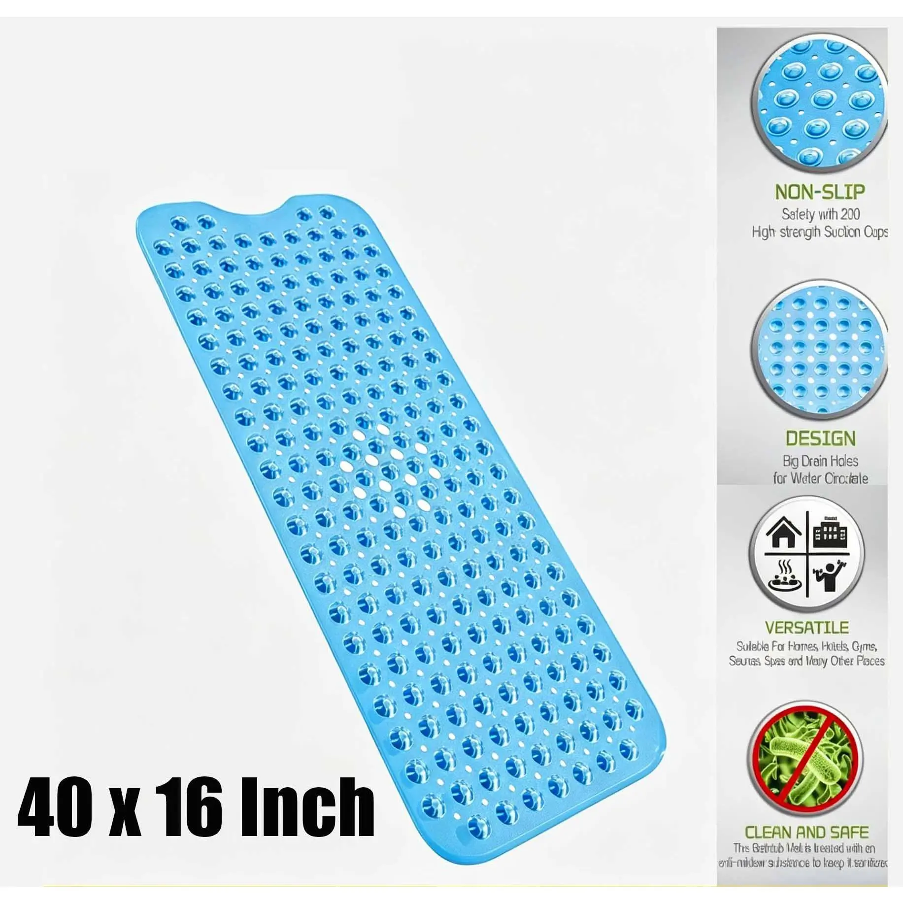 40×16 Inch Non‑Slip Bathtub Shower Mat｜Pebble Massage Texture with 200 Strong Suction Cups, Anti‑Mold & Machine Washable, Keep Your Shower Safe at Home Hand Smooth