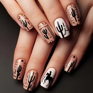 Medium-Length 24-Piece Cactus Pattern False Nails, Removable Nail Tips, Contrast, Easy for Daily Use, Parties, Vacations, Cactus Design Nails