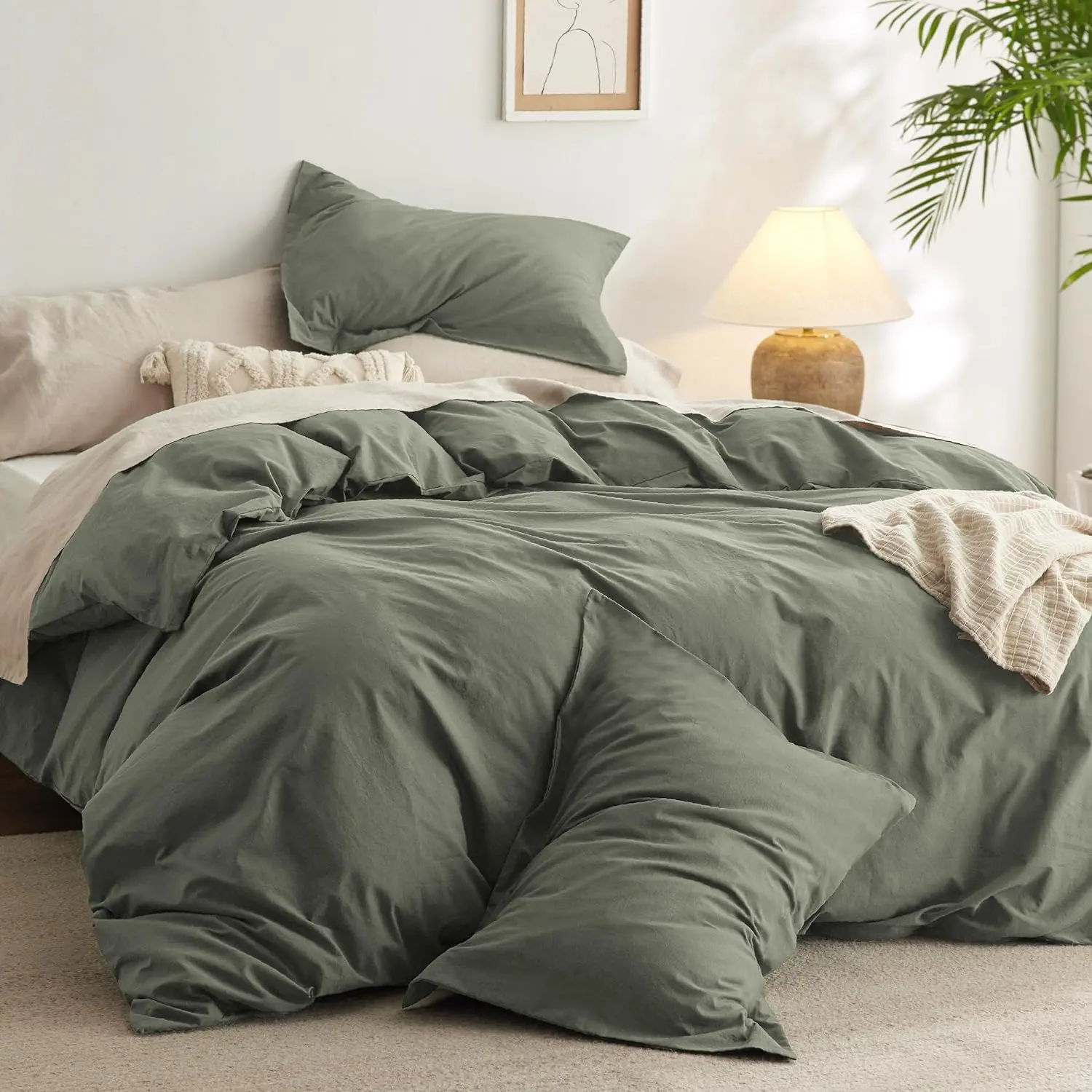 Comforter set king size grayish olive green-cotton fabric with microfiber inner fill, King comforter set for All Seasons, 3, 1 comforter (104 "x 90") and 2 pillow cases (20 "x 36")
