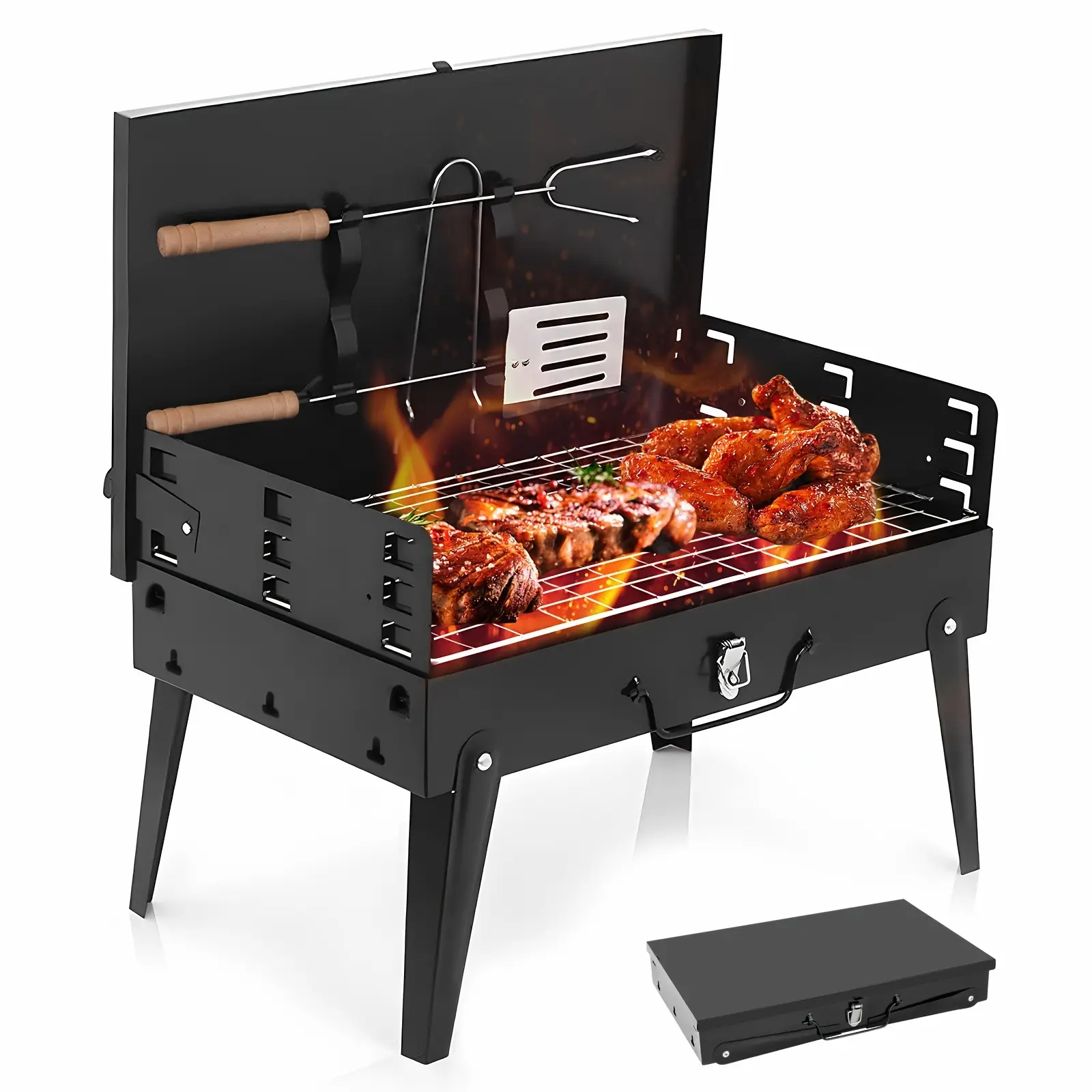 Portable Charcoal BBQ Grill, Small Outdoor Foldable Barbecue Grill, Collapsible Camping Grill with BBQ Accessories & Windshield, Ideal for Outdoor Picnic & Backyard Use, Father's Day Gift for Dad, BBQ Gifts for Men