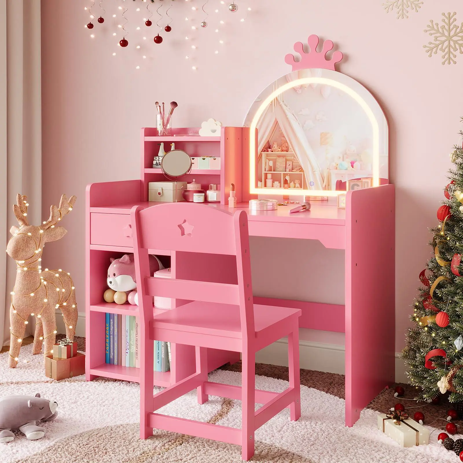 GARVEE Kids Vanity with Lights, 2 in 1 Princess Makeup Vanity Desk Toddler Vanity Table & Chair Set with Open Bookshelf, Storage Cabinet & Shelves for Little Girls, Pink