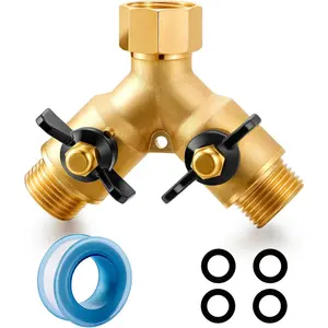 Garden Hose Splitter Full Flow Splitter No Restricted-Flow Connector Heavy Duty Brass Hose y Splitter, 2 way High Flow Hose Bib Adapter with Shut Off Valves (Butterfly Handle)