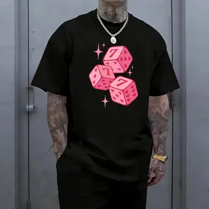 Men’s heavyweight loose T-shirt, pink heart dice print with “Lucky Number 7,” sweet-cool street style, oversized pure cotton drop-shoulder short-sleeve top