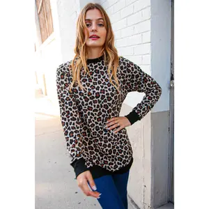 Animal Print Black Rib Knit Hemline French Terry Pullover