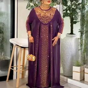 Elegant Kaftan-Style Dress with Gold Embellishments in Rich Purple for Special Occasions Casual Womenswear Summer Maxi Long Sleeve