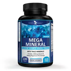 Potent Garden Mega Mineral - 100 Tablets Electrolyte Complex & Trace Minerals Iron-Free Formula with 1000mg Calcium & 500mg Magnesium per Serving US