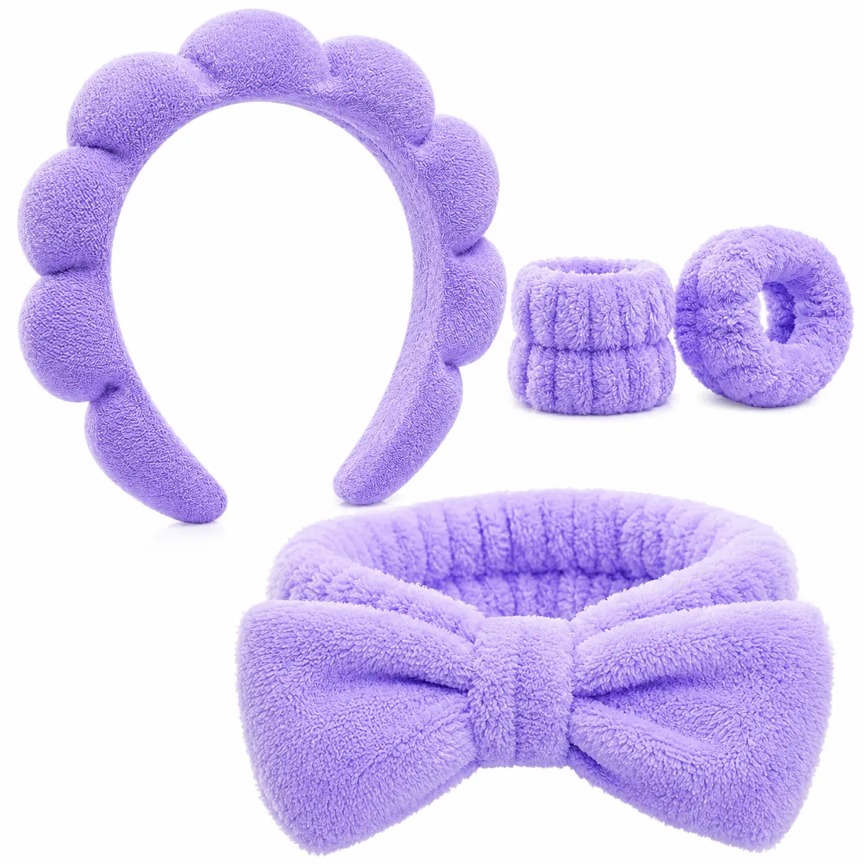 Spa Headband & Wristband Set for Women, Bubble Bow Face Washing Headband with Soft Absorbent Wristbands for Makeup, Skincare & Beauty Routine