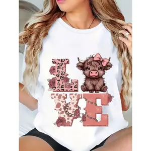 🐄[Graphic Tee]Plus Size Highland Cow Women's Shirt – Casual Chic Crew Neck Short Sleeve Tee for Daily Wear, Fun Graphic Shirt, Comfortable Fit, Seasonal Fashion, Party Apparel, Comfortable Material
