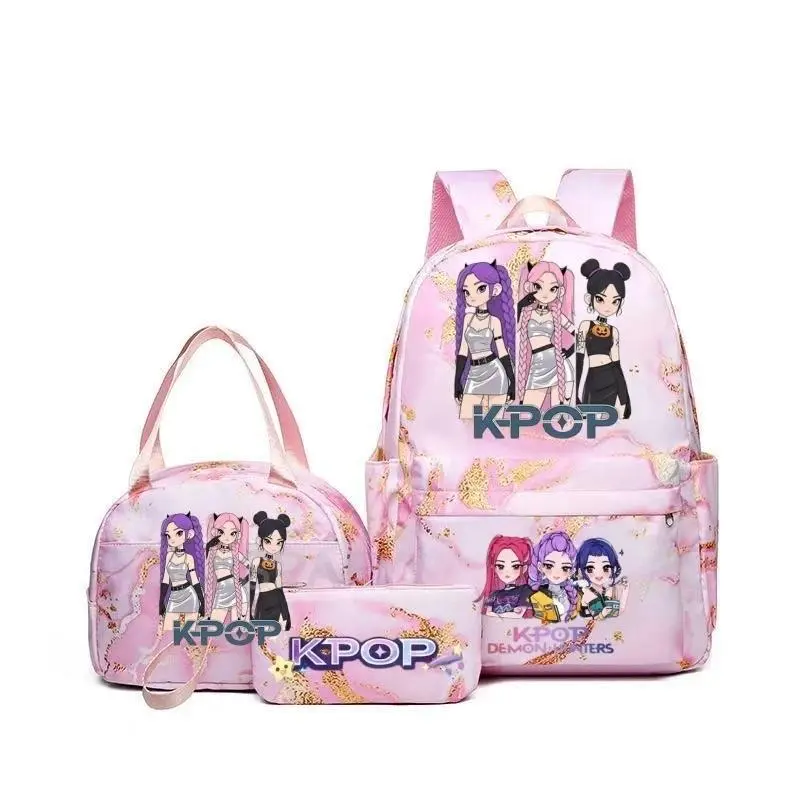 Pink Gold Marble K‑POP Cartoon Girl Print 3‑Piece Backpack Set, Multi‑Pocket School Bookbag, Matching Lunch Tote Bag and Zipper Pencil Pouch, Teen Girls Casual Travel Daypack
