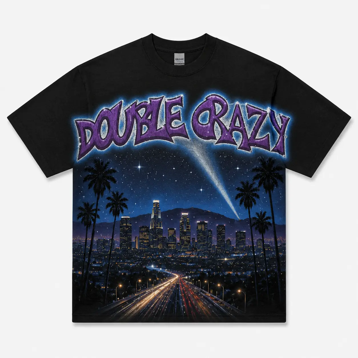 Double Crazy Y2K Streetwear Graphic Tee Heavyweight Cotton Oversized T-Shirt Retro 90s Hip Hop Rap Tee Aesthetic LA Skyline Vintage Casual Top for Men Women Gift