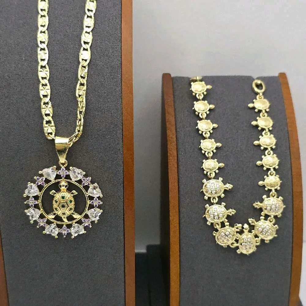 TURTLES Fashion Design set necklace with bracelet clear stone's gold-plated 24"inches