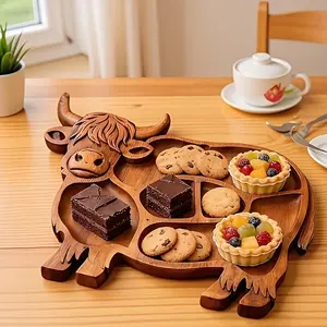 Highland Beef Food Platter Bamboo Tray Country Farmhouse Divided Serving Dish Multi - use Cutting Board for Cheese Meat Fruit Snacks Family Gathering Festive Meal