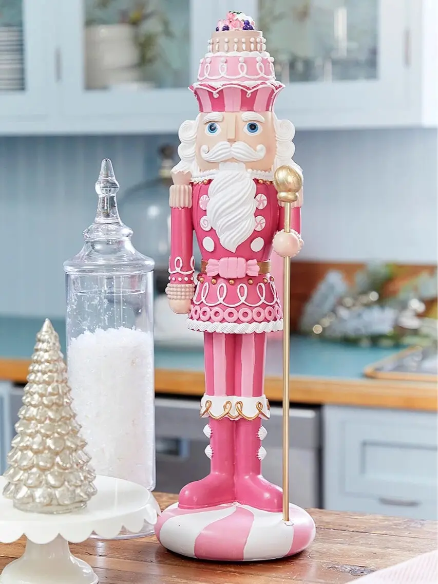 21" Pink Sweet Shoppe Nutcracker, Decorative Christmas Nutcracker Figurine, Candy-Themed Holiday Home Decor