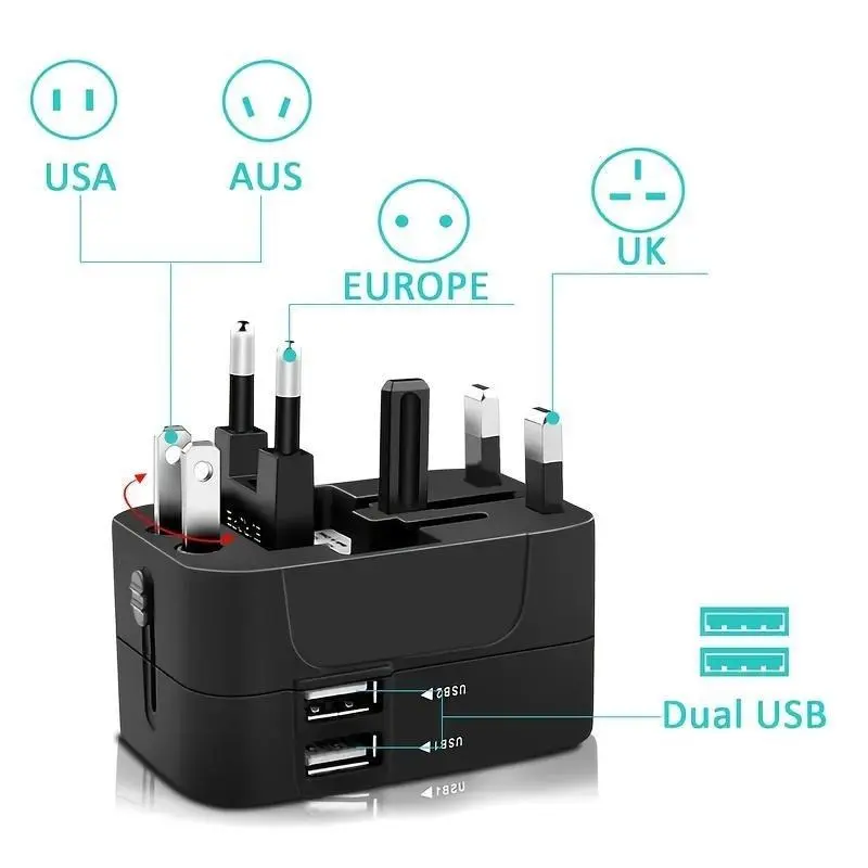 Compact Universal Multi-Standard International Travel Adapter - Power Conversion, Dual USB Ports, Compatible with US, EU, UK, AU Electrical Sockets, Portable for Overseas Travel