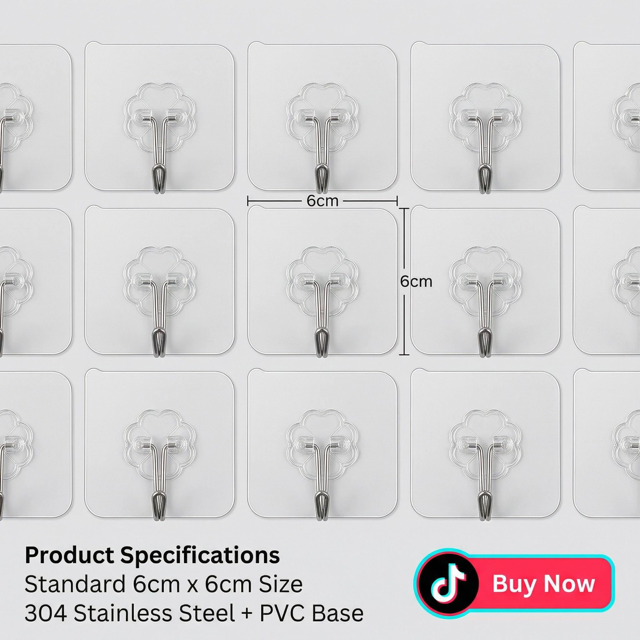 No-Drill Transparent Wall Hooks Heavy Duty 304 Stainless Steel Self Adhesive Hangers - Traceless, Removable for Kitchen, Bathroom, Bedroom - Easy Peel & Stick Installation, Max Load for Towels, Utensils, Bags