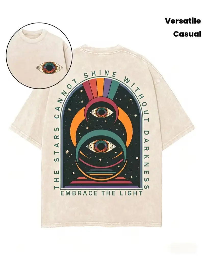 Vintage Washed Psychedelic Eye Double‑Sided Print T‑Shirt, Loose‑Fit 100% Soft Breathable Cotton Crew Neck Short Sleeve, All‑Season Versatile Casual Sport Daily Wear, Machine Washable Streetwear Top for Teenagers, Men & Women