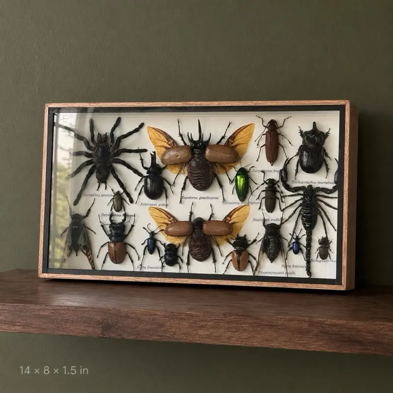 Preserved Insect Framed Home Decor - Real Tarantula, Scorpion, 5-Horn Beetle Pair, Giant Water Bug - 14×8 in Wooden Frame