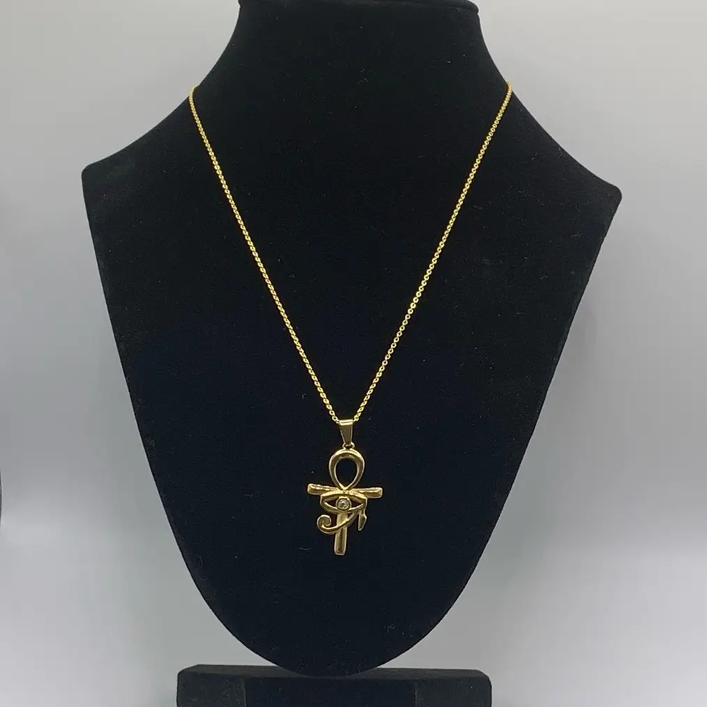 Gold Eye of Horus Necklace, Rhinestone Ankh Pendant, Gold Egyptian Protective Necklace