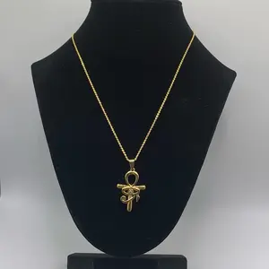 Gold Eye of Horus Necklace, Rhinestone Ankh Pendant, Gold Egyptian Protective Necklace
