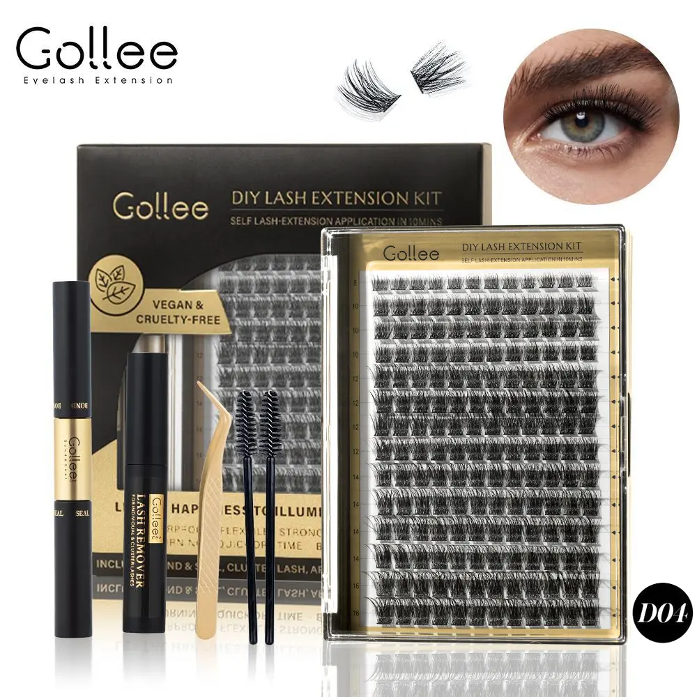 Gollee Lashes Clusters Kit - D Curl, CC Curl, Wispy Mixed 8-16mm Sizes, Glue, Applicator, Waterproof Remover for At-Home DIY Personal Lashes & Longer Looking Eyelashes Styling