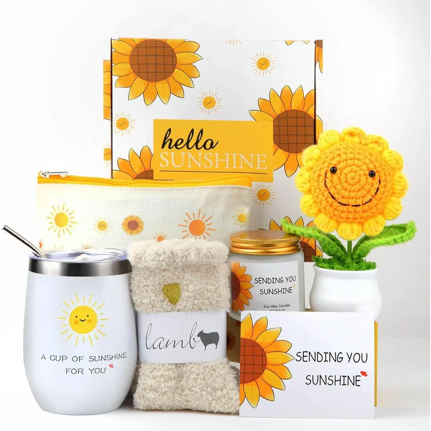 Sunflower Gifts Baskets for Women-7 Pcs Unique Birthday Gift for Sister, Fun Get Well Basket after Surgery for Female, Self Care Package for Teen girl, Cheer Up Set, Feel Better Sunshine Box