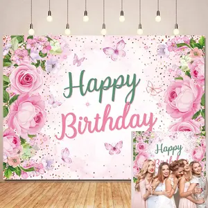 Pink Floral Birthday Backdrop for Photography Flowers Butterfly Happy Birthday Backdrop Banner for Girls Women Party Decoration Photo Booth Props