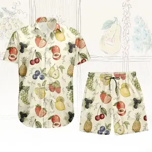Tropical Fruit Print Hawaiian Shirt Shorts Set Women Men Summer Beach Vacation Outfit Loose Matching Set Strawberry Pineapple Cherry Blueberry Casual Aloha 2PC