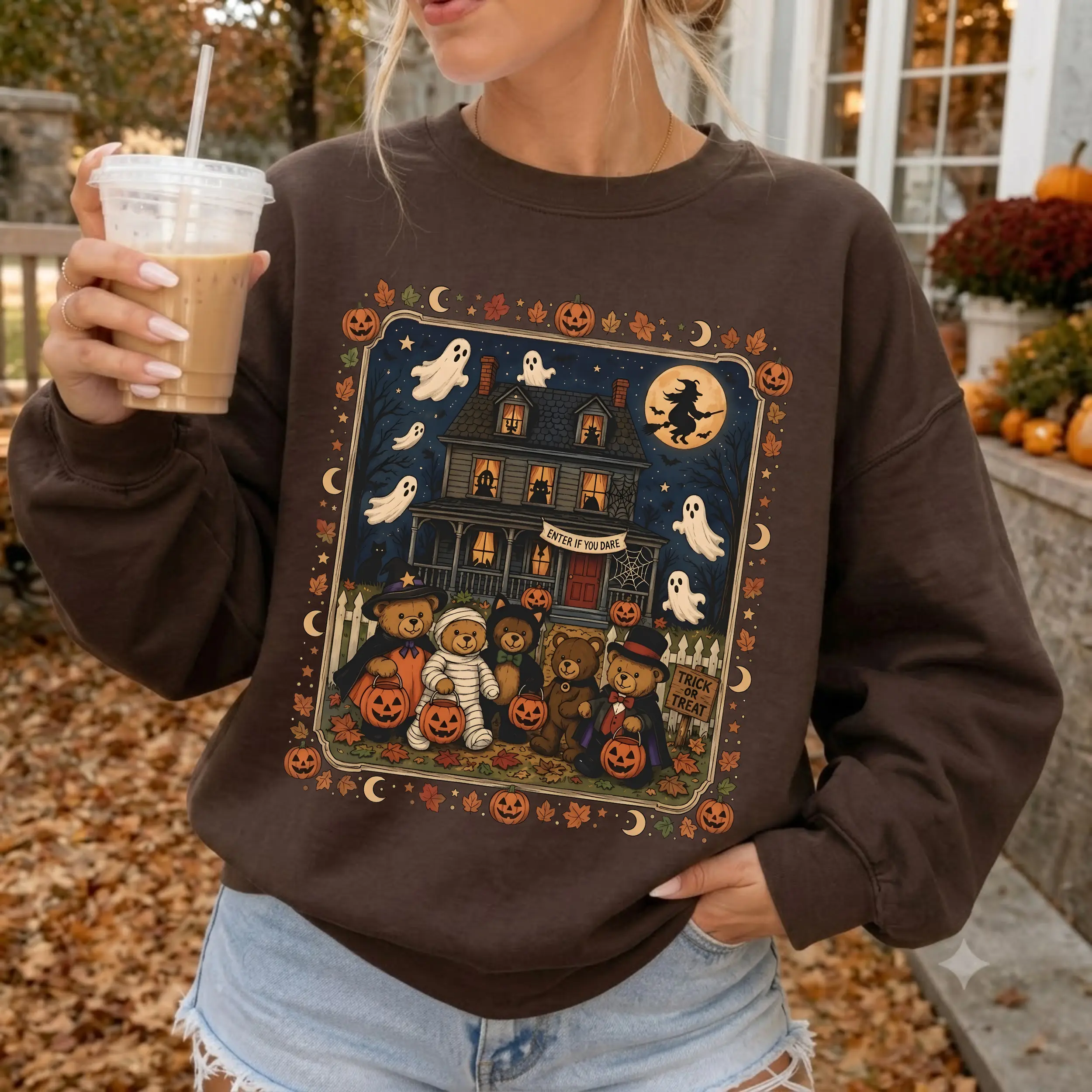 Gildan Vintage Halloween Bears Sweatshirt, Trick or Treat Bear Graphic Crewneck, Haunted House Pumpkin Pullover, Fall Halloween Gift