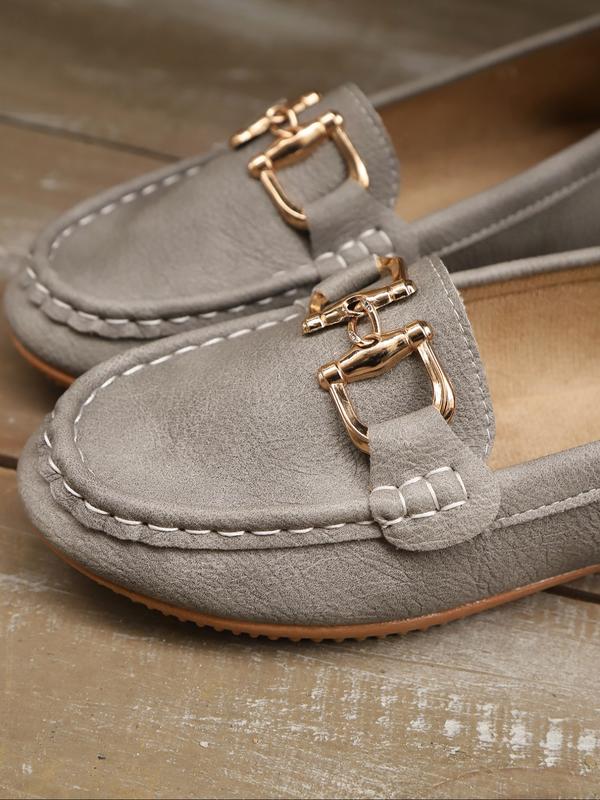Women's Casual Round Toe Loafers, All-Season Slip-On Shoes, Comfortable Walking Flats, Metal Buckle Decor, Ideal for Work & Daily Wear