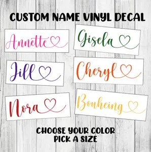 Custom Name Decal Personalized Cursive Lettering Heart Sticker Organiser, Bottles, Cups, Canister, Tin, Laptop, Luggage, Car, Truck, Window, Wall vinyl