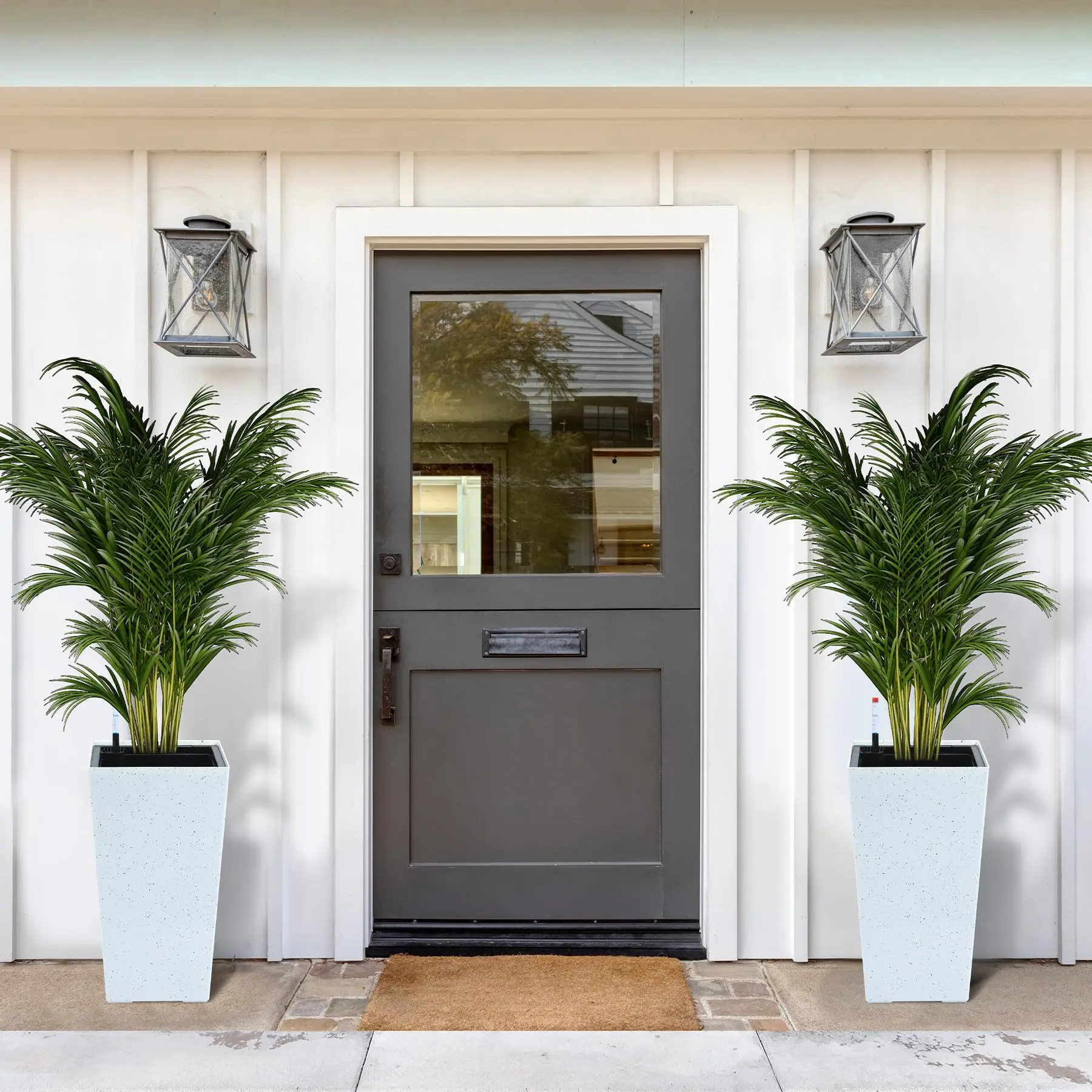 16-Inch Tall Modern White Self-Watering Floor-Standing Flower Pot Planters (Set of 2) - Indoor/Outdoor Plant Decor with Automatic Watering System, Water Level Monitor, Drainage Holes & Inner Bucket for Front Porch Garden, Flower Pot Planter, Modern White