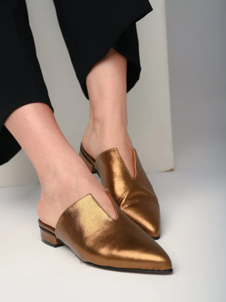 Copper leather mules, leather mules, Copper mules, women's mules, leather slides, leather suede slippers - Fatma
