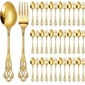 40 Pcs Gold Forks and Spoons Silverware Set, Stainless Steel Flatware Cutlery 8-inch Utensil for Wedding, Party, Home, Dinners, Kitchen and Restaurant, Mirror Polished, Dishwasher Safe(Retro)