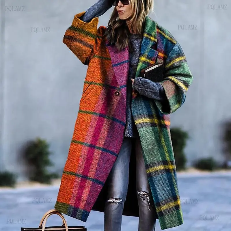 Women's 2026 Autumn Chic Long-Sleeve Turn-Down Collar All-Over Print Woolen Full-Length Outerwear, Plus Size Women's Clothes (Womenswear Coat for Elegant Occasions), Lapel Neck, Full-Length Cut, Plus Size Fit, Gray Abstract, Gray Printing, Chic Look, Norm